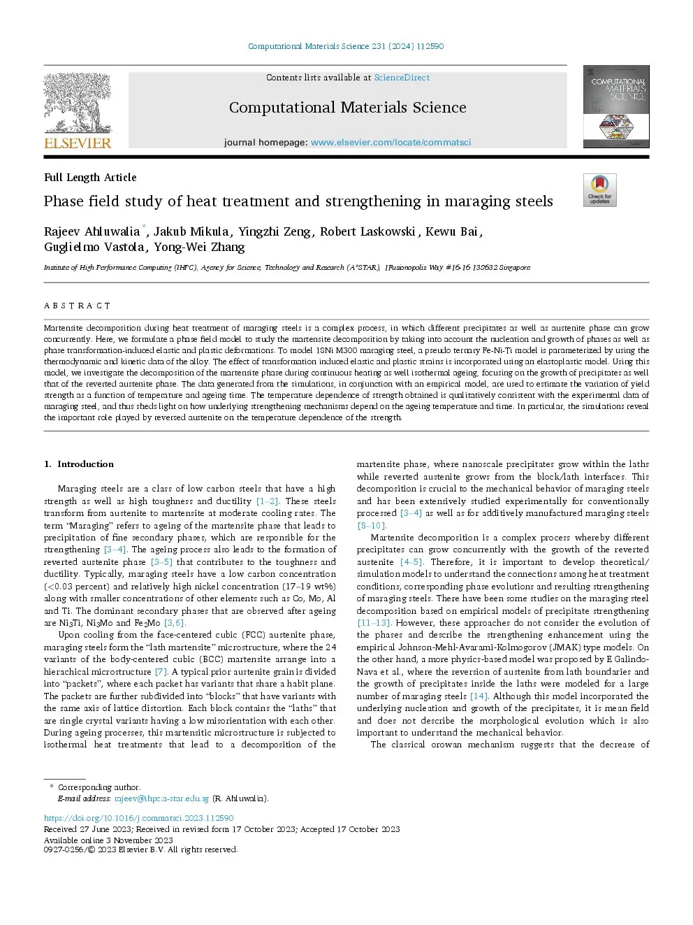 First-page preview of Phase field study of heat treatment and strengthening in maraging steels