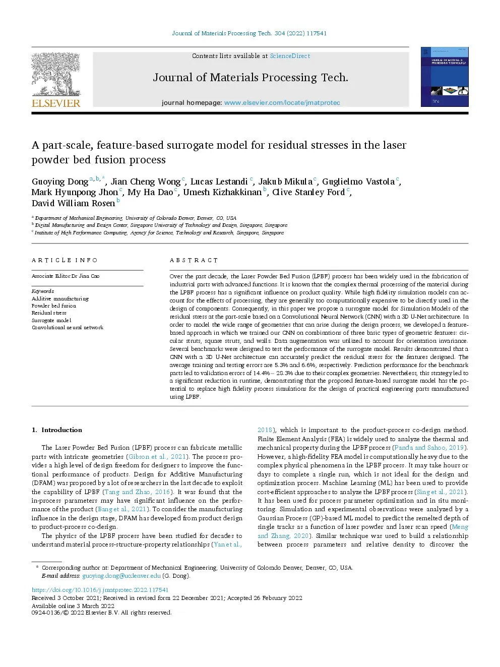 First-page preview of A part-scale, feature-based surrogate model for residual stresses in the laser powder bed fusion process
