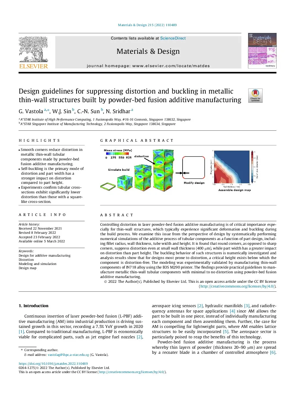 First-page preview of Design guidelines for suppressing distortion and buckling in metallic thin-wall structures built by powder-bed fusion