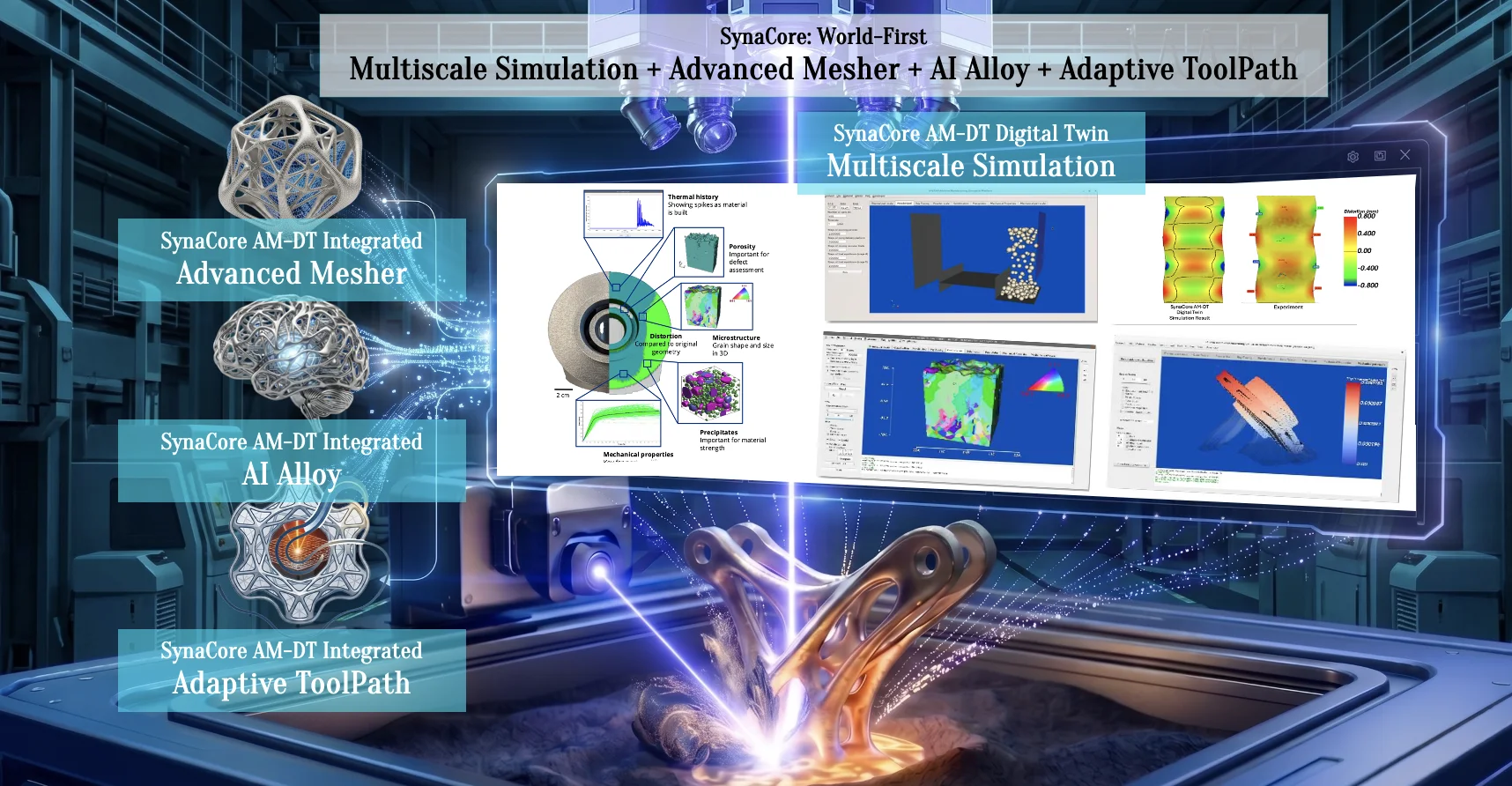 SynaCore integrated software suite: multiscale simulation, Advanced Mesher, AI Alloy, and Adaptive ToolPath